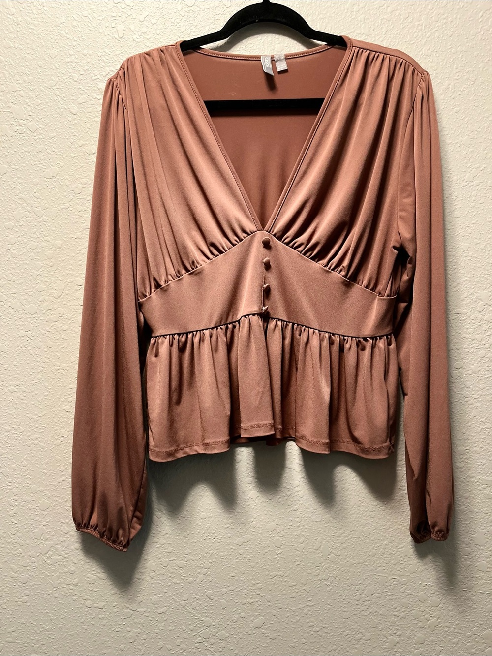 ASOS Babydoll Women's V-Neck Long Sleeve Peplum Top in Brown